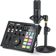 Audio Interface with DJ Mixer and Sound Card, Maonocaster Portable ALL-IN-ONE Podcast Production Studio with XLR Microphone for Guitar, Live Streaming, PC, Recording and Gaming(AM100-K1)